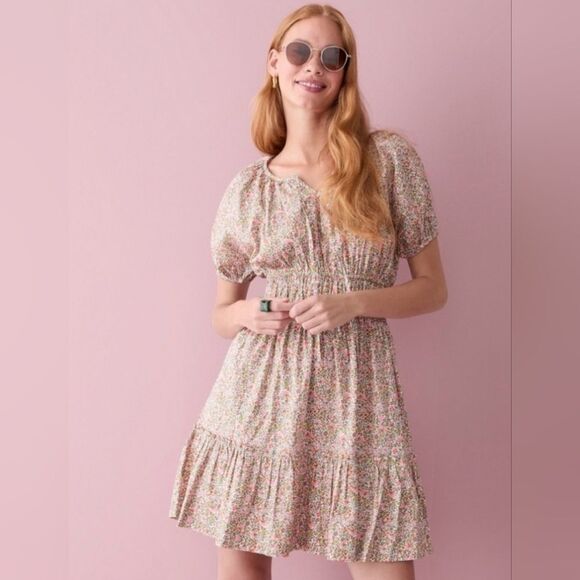 J. Crew Pinched-Waist Puff-Sleeve Dress in Scattered Blooms size M - Picture 1 of 7